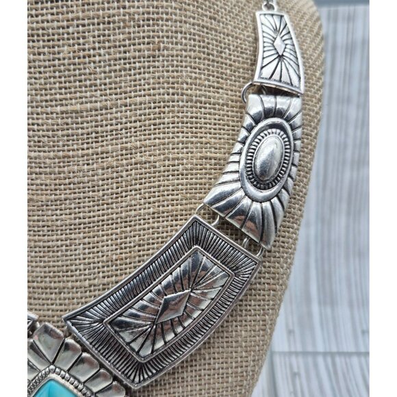 NWOT Silver Tone & Faux Turquoise Teardrop Bib Collar Necklace Southwestern 22" - Picture 8 of 10
